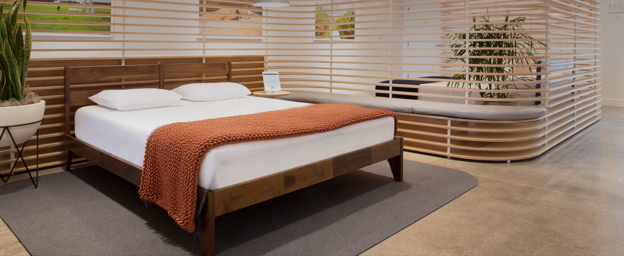 Modern wooden bed in cozy showroom