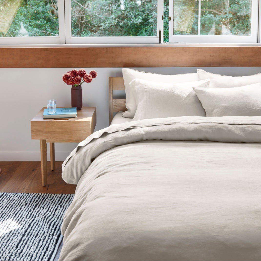 Cozy bedroom with neutral bedding