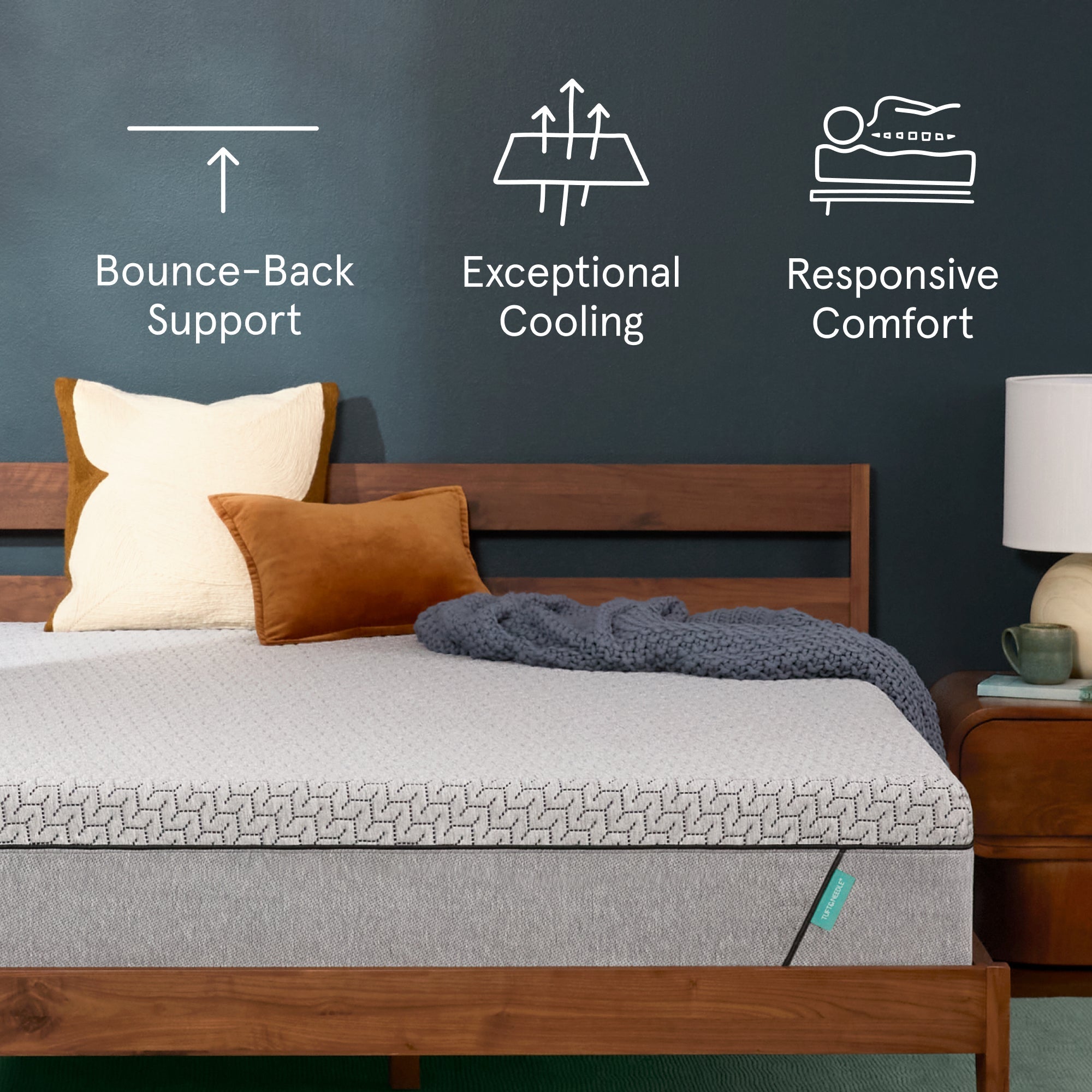 Tuft & Needle Mint Mattress sitting in a brown bedframe with 2 pillows on top of it and a brown blanket with a chart on the wall showing icons reflecting Bounce-Back Support, Exceptional Cooling and Responsive Comfort